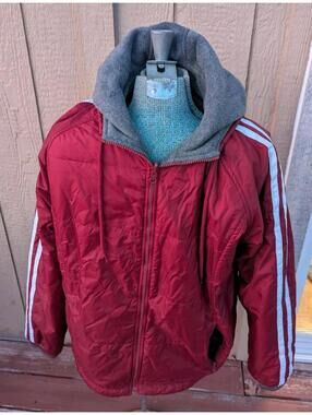Basic Editions Men's Jacket Hooded Full Zip Red Sz M Varsity Athletic Stripe